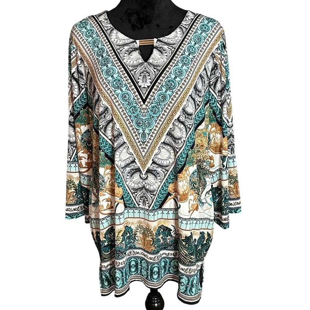 JM Collection Blouse Size 0X Tunic Keyhole Neck Baroque Print Eclectic Artsy